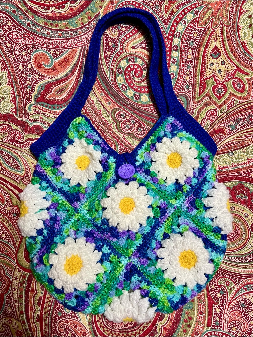 Handmade Floral Crochet Tote Bag in Blue, Green & White